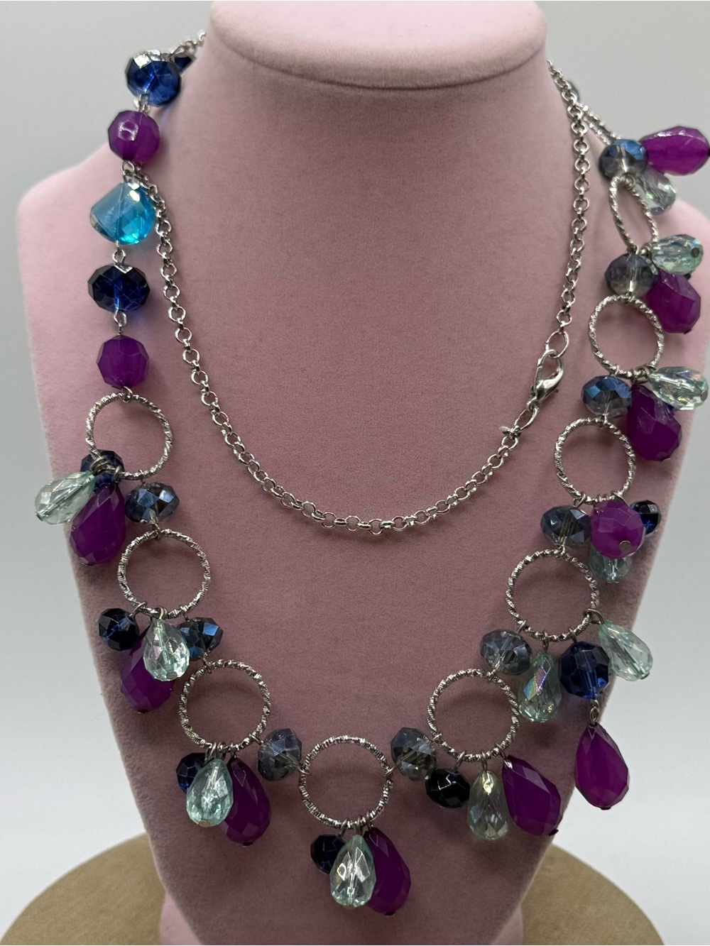 Long Purple Multi-Bead Drop Statement Necklace